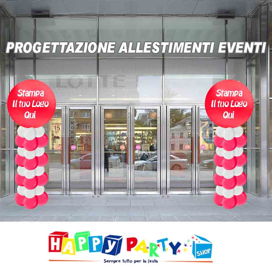 progettazione evento con allestimento colonna di palloncini TOTEM STAMPATATI